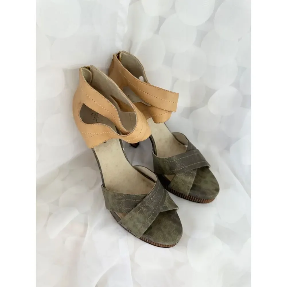 Elizabeth & James 10 Strappy Wood HIGH heels leather Gray Reptile ankle strap